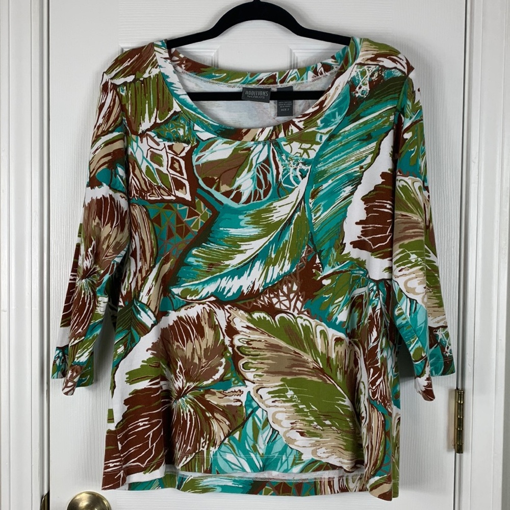 Additions by Chico’s teal blue, brown, white 3/4 sleeves size Chico’s 2. Cotton
